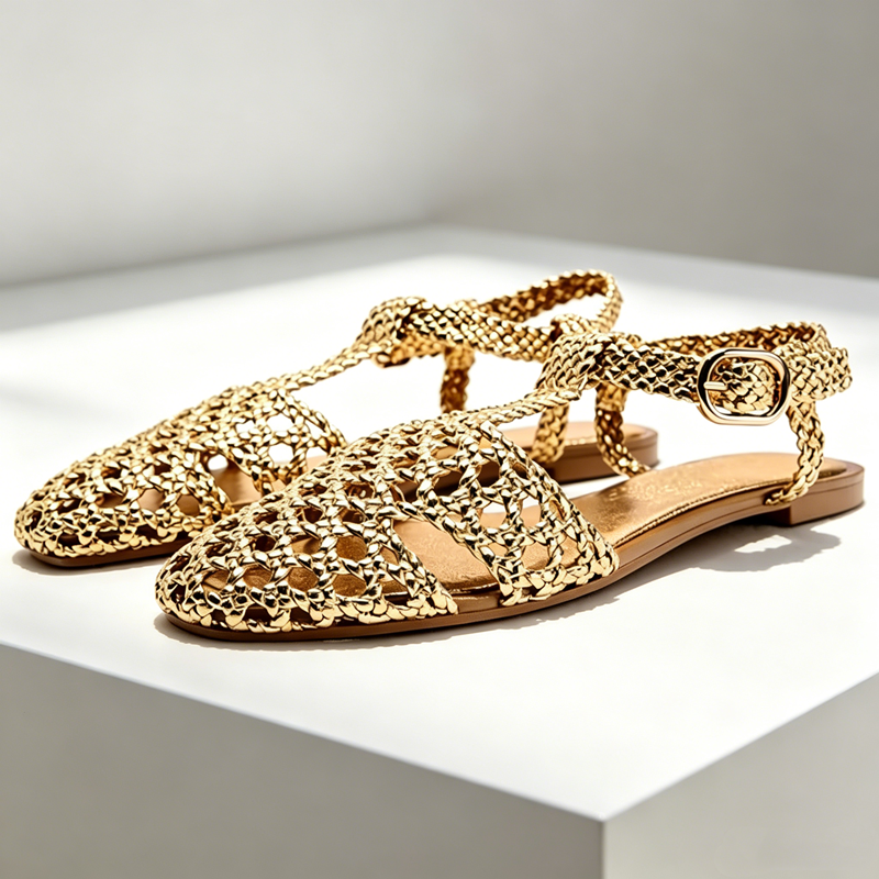 Golden Mesh Woven Flat Sandals - Mesh Strap Metal 评论和价格
