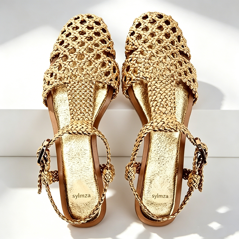 Golden Mesh Woven Flat Sandals - Mesh Strap Metal 评论和价格