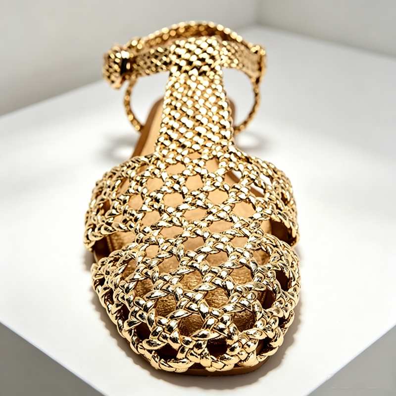 Golden Mesh Woven Flat Sandals - Mesh Strap Metal 评论和价格